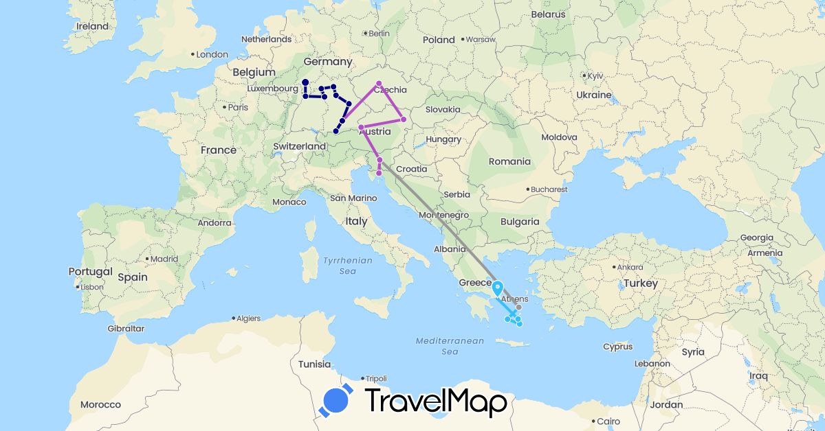 TravelMap itinerary: driving, plane, train, boat in Austria, Czech Republic, Germany, Greece, Croatia, Slovenia (Europe)